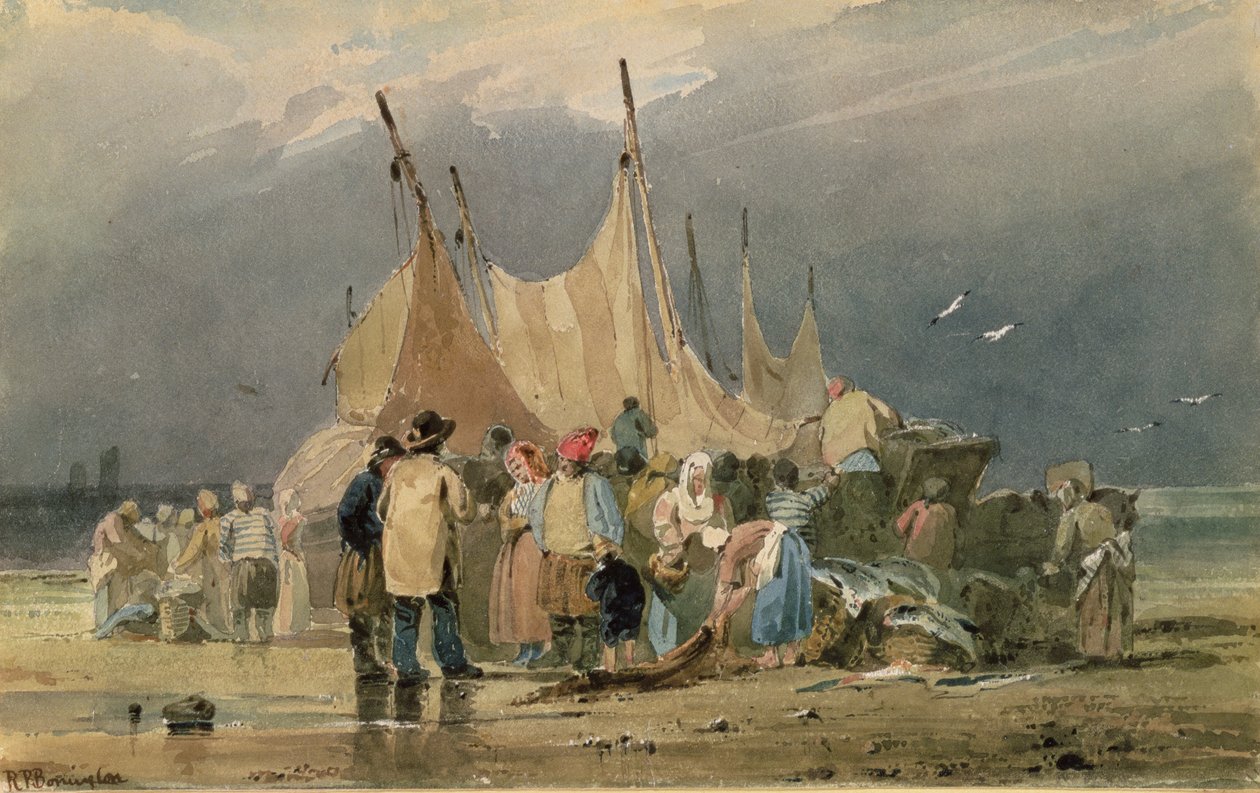 Pescadores en una playa, se aproxima una tormenta de Richard Parkes Bonington