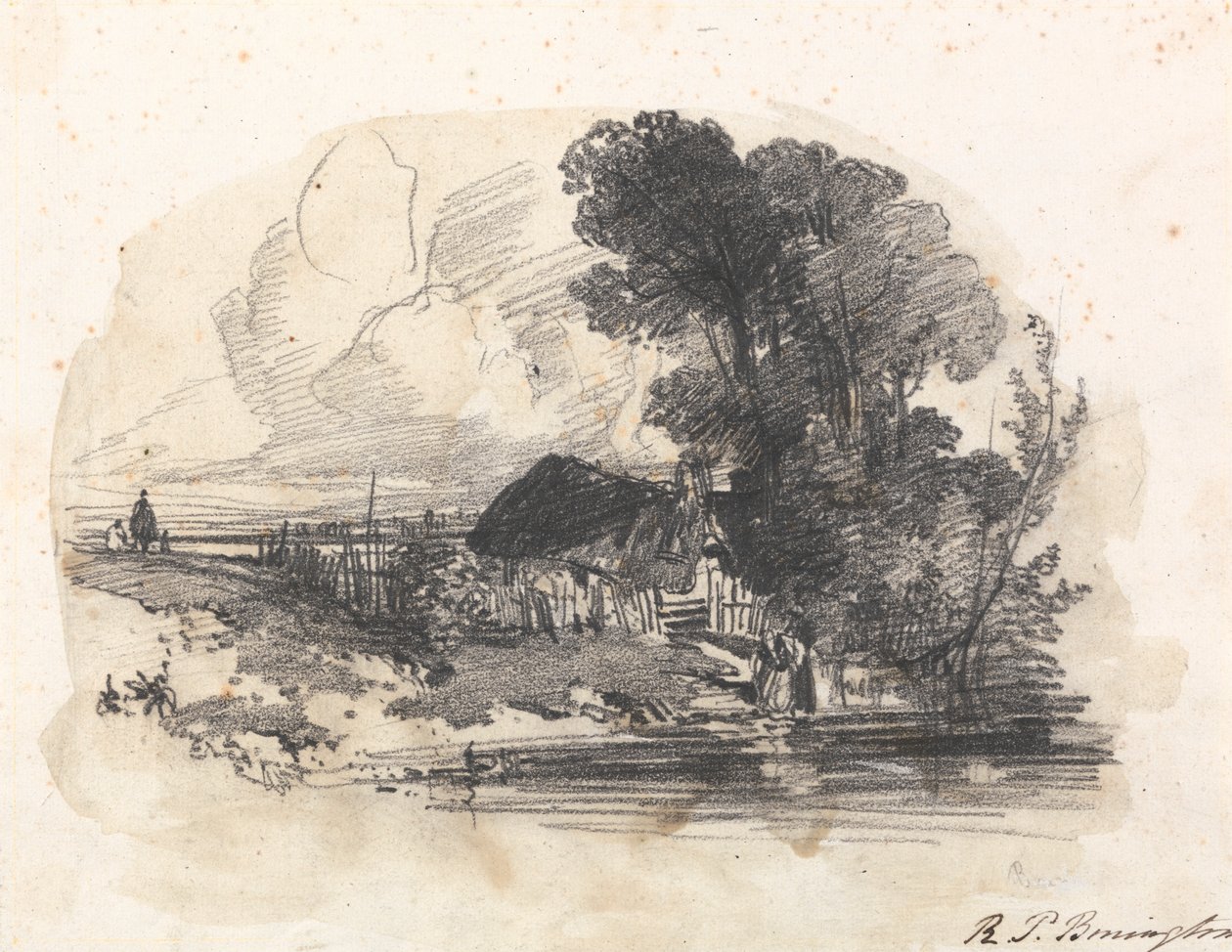 Árboles y una cabaña junto a un río de Richard Parkes Bonington