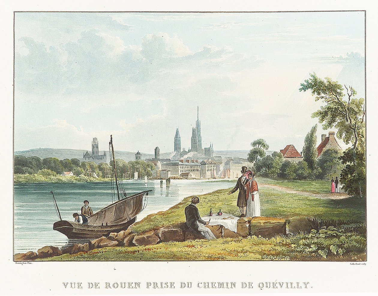 Vista de Ruán tomada desde la carretera de Quevilly (Francia). Litografía (34,7x51,7 cm) de Richard Parkes Bonigton (1802-1828), principios del siglo XIX. de Richard Parkes Bonington