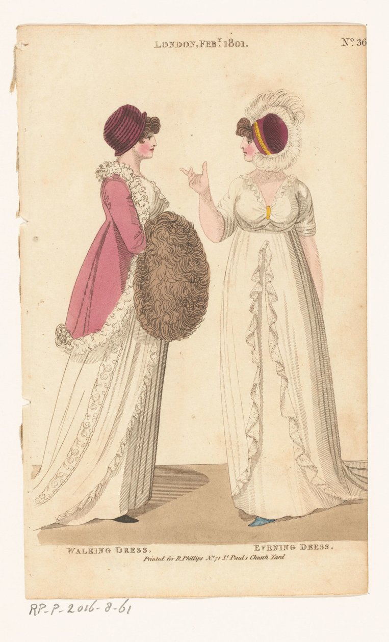 Revista de Moda Femenina de Londres y París. No. 36. Londres, febrero de 1801: Walking Dress; Vestido de noche de Richard Phillips
