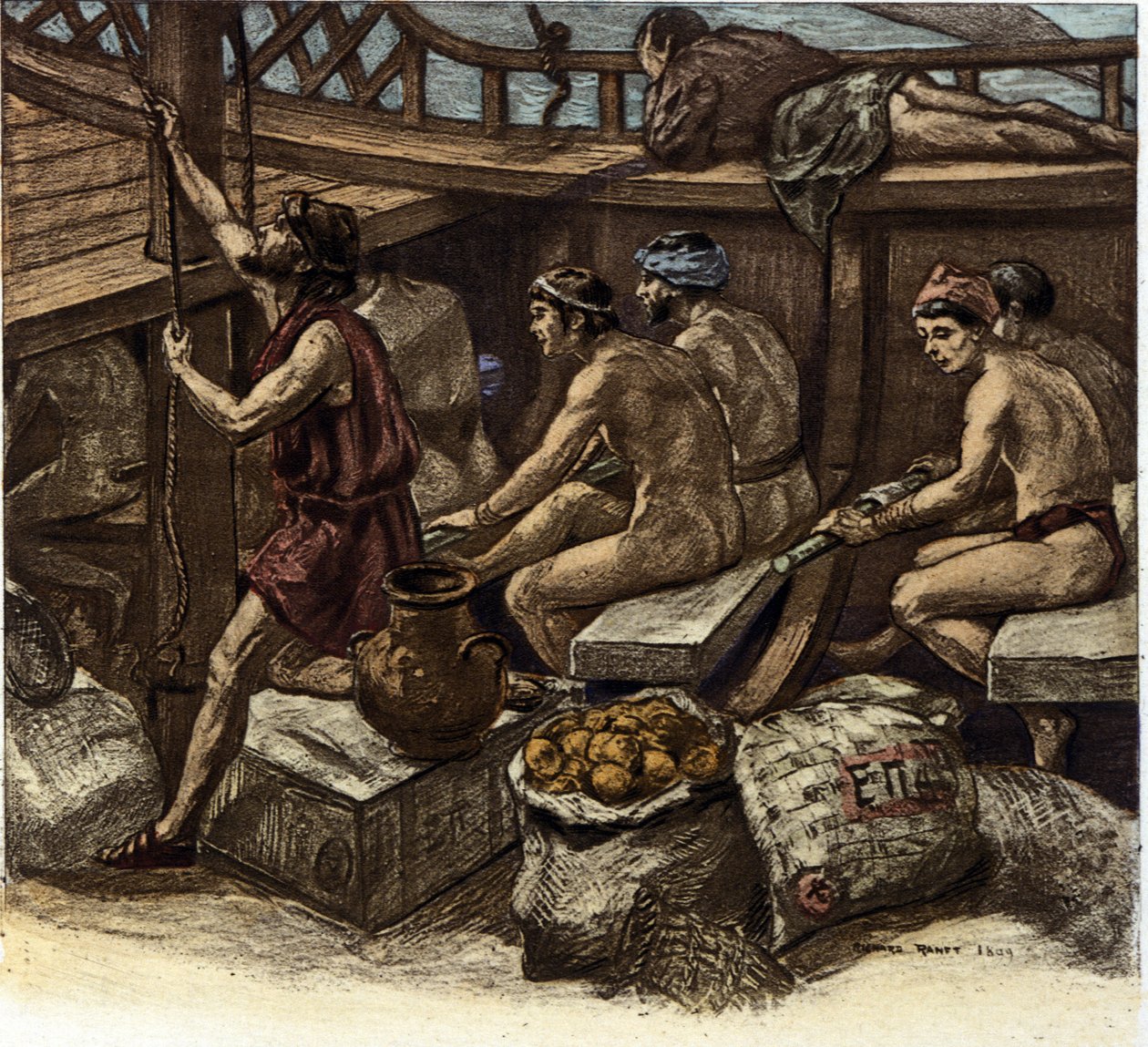La vida de los galeotes a bordo de una galera griega en la Antigüedad. Ilustración de Richard Ranft (1862-1931) 1909 de Richard Ranft