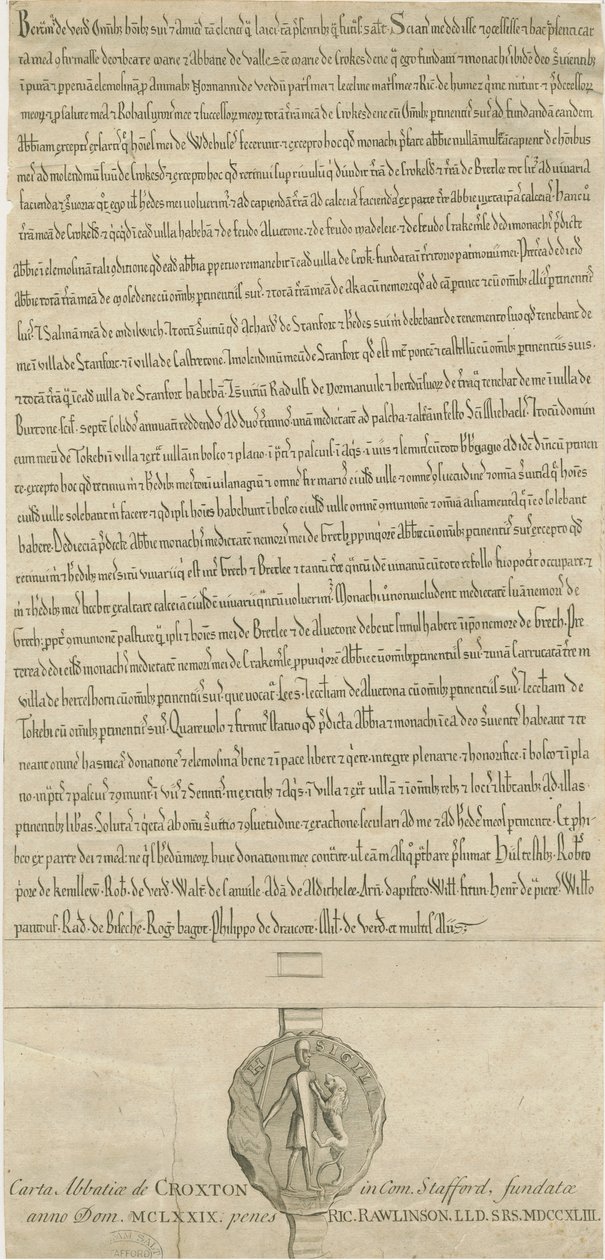 Croxden Abbey - Carta fundacional: grabado de Richard Rawlinson
