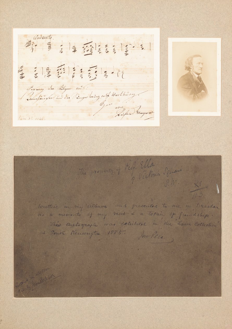 Cita musical autógrafa montada con fotografía de carte-de-visite de Wagner y una nota de procedencia de Richard Wagner