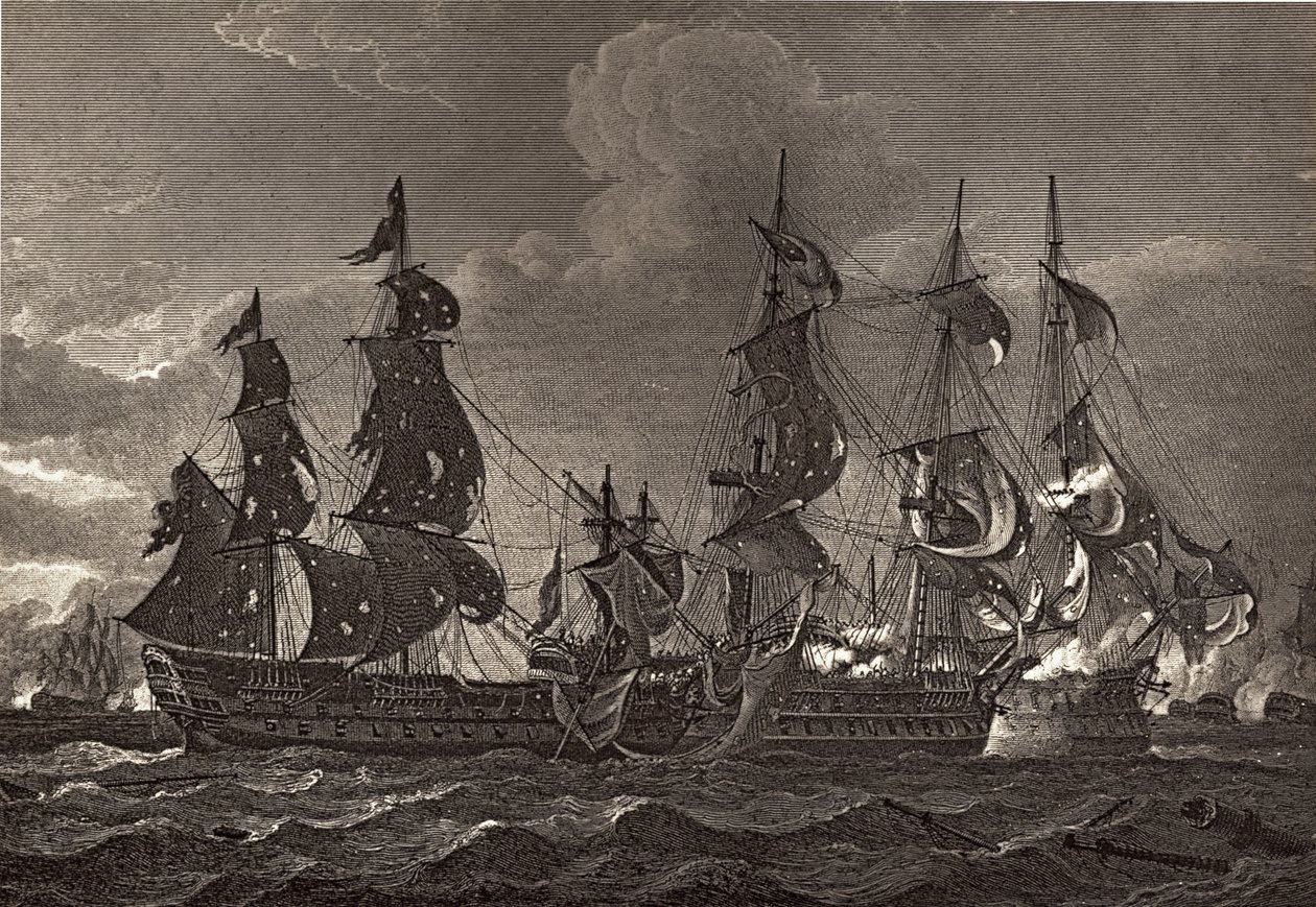 El HMS Captain abordando el San Nicholas y el San Josef, ilustración de 