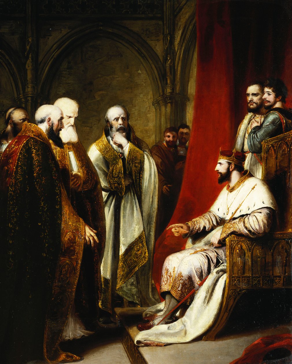 Enrique III respondiendo al arzobispo de Canterbury y a los obispos de Salisbury, Winchester y Carlisle, que exigían una reforma en el estado de Richard Westall