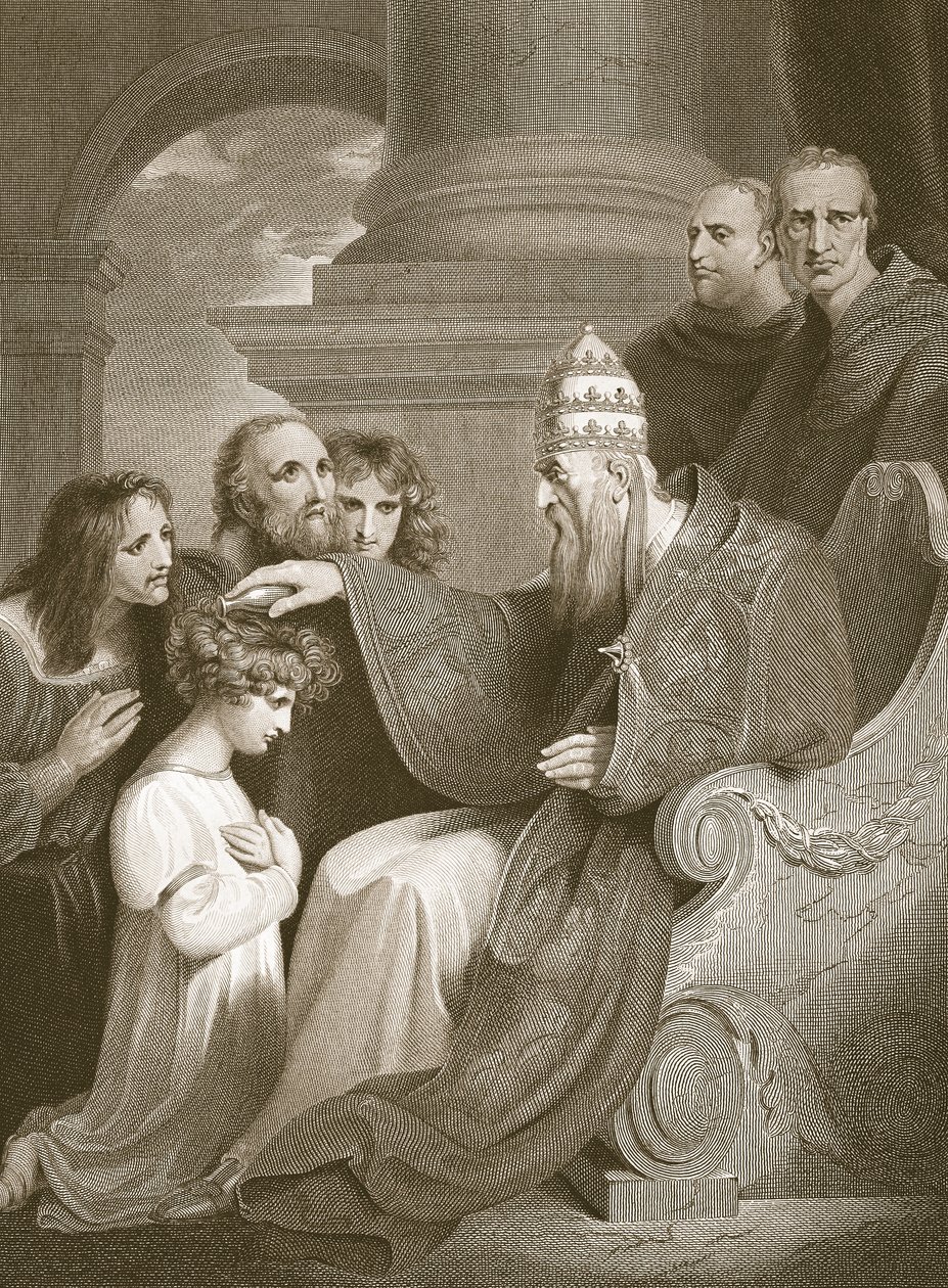 El príncipe Alfredo ante el Papa León III, grabado por J. Stow, ilustración de 