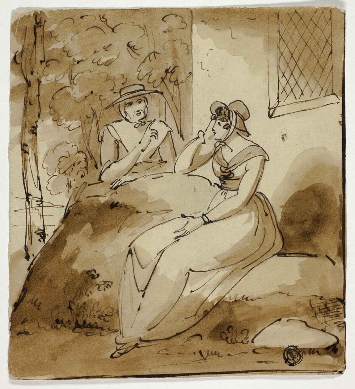 Dos mujeres conversando cerca de una casa de Richard Westall