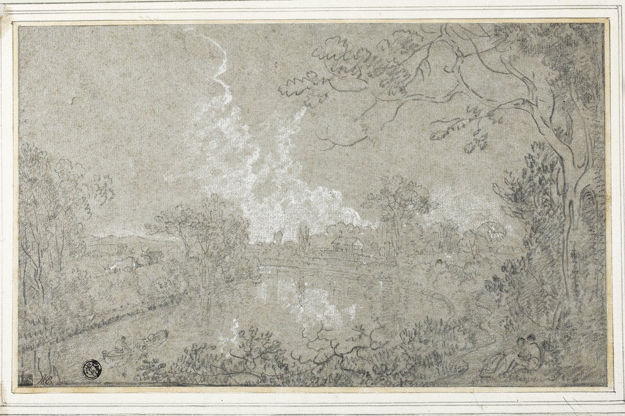 Banks of the River Dee near Eaton Hall, Cheshire, c.1759 (tiza en blanco y negro sobre papel verjurado azul, colocado sobre tarjeta) de Richard Wilson