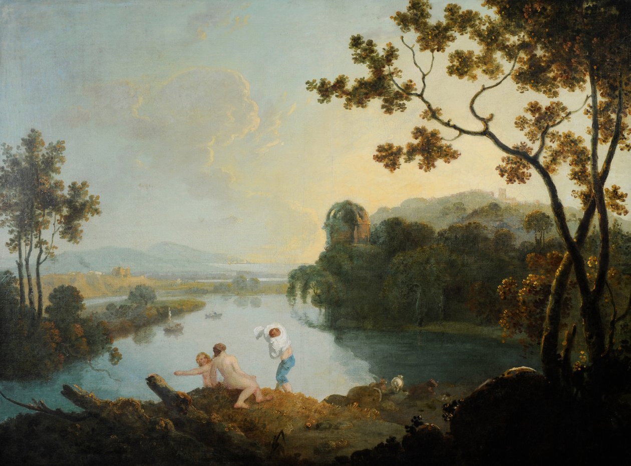 Paisaje clásico con niños bañándose (óleo sobre lienzo) de Richard Wilson