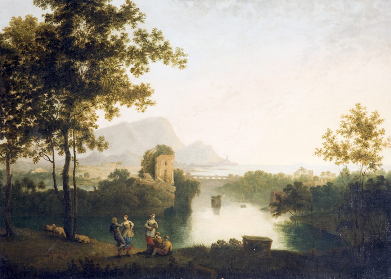 Tarde en la desembocadura del río con campesinos bailando (óleo sobre lienzo) de Richard Wilson
