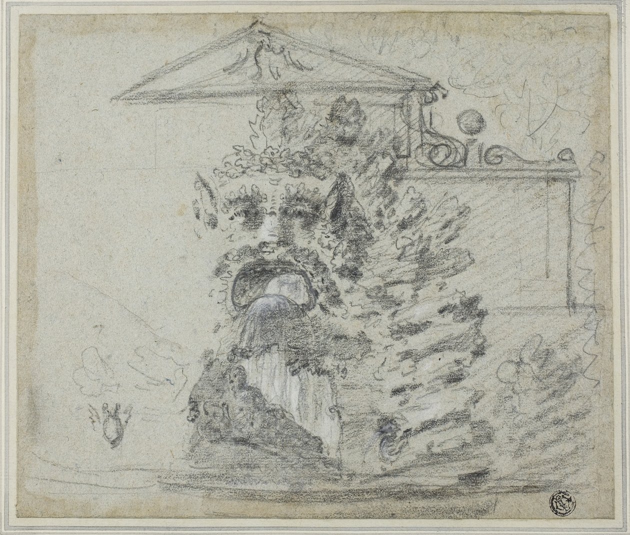 Il Mascherone", una fuente de Rocaille en los terrenos de Villa Borghese, c.1754 (tiza negra, realzada con tiza blanca y grafito, sobre papel azul, colocado en una tarjeta) de Richard Wilson