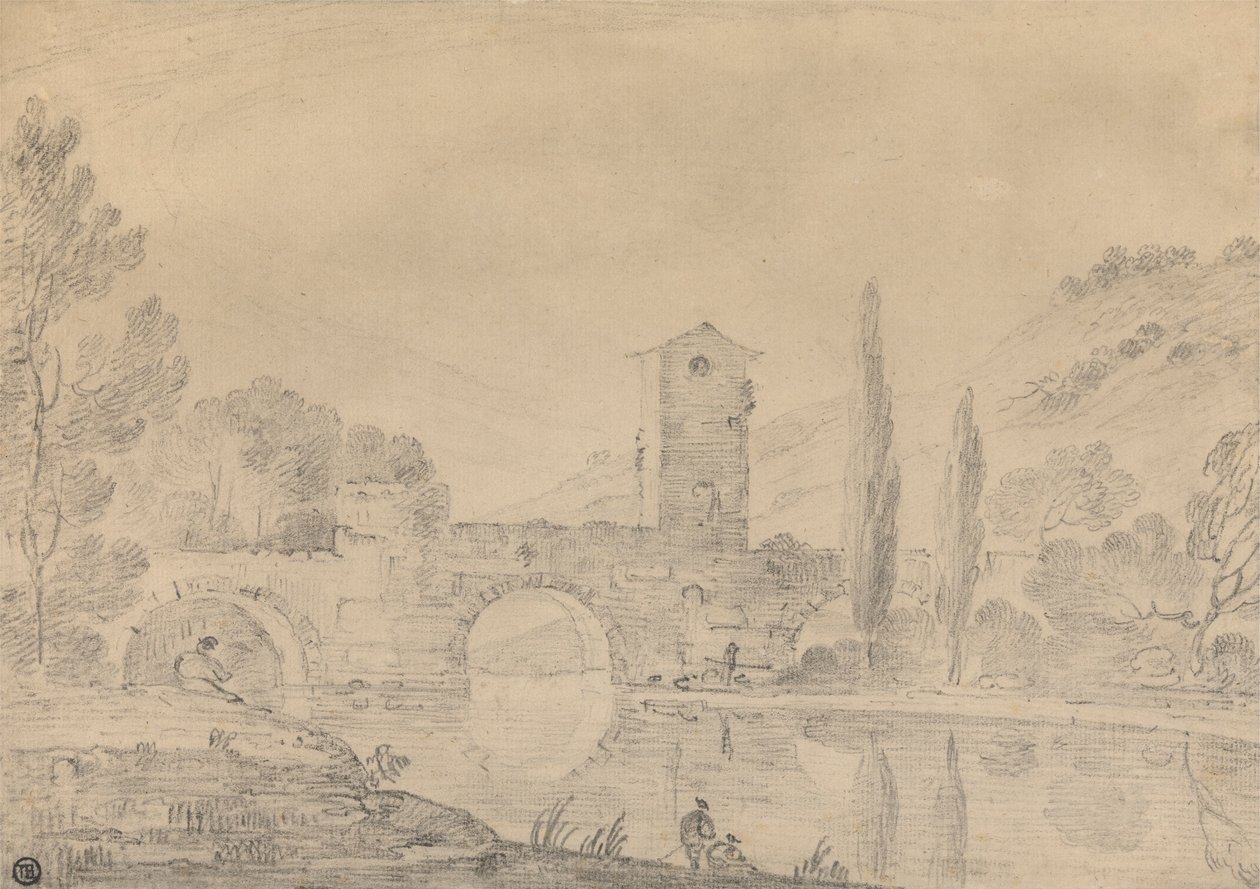 Paisaje italiano con puente de tres arcos, casa del puente, figuras en la orilla cercana y álamos en la orilla más lejana de Richard Wilson