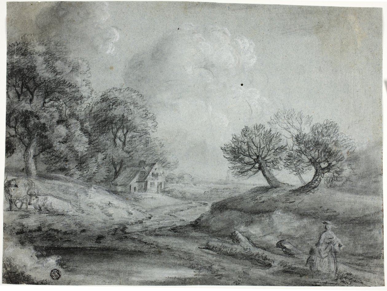 Paisaje con mujer y vacas (tiza negra con tiza, realzada con tiza blanca, sobre papel verjurado azul) de Richard Wilson