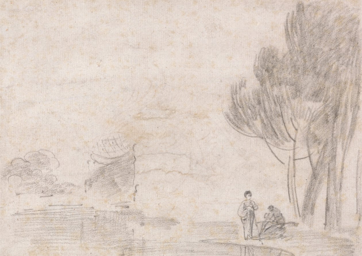 Templo de Minerva en ruinas, dos figuras a orillas del río de Richard Wilson