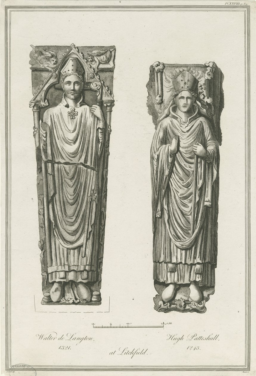 Catedral de Lichfield - Efigies de Walter de Langton y Hugh de Patteshull: grabado de Richard Woollett Basire
