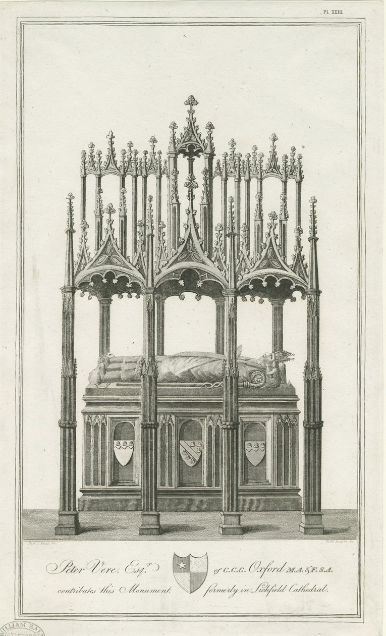 Catedral de Lichfield - Monumento al Obispo Blythe: grabado, nd [1762-1798] de Richard Woollett Basire