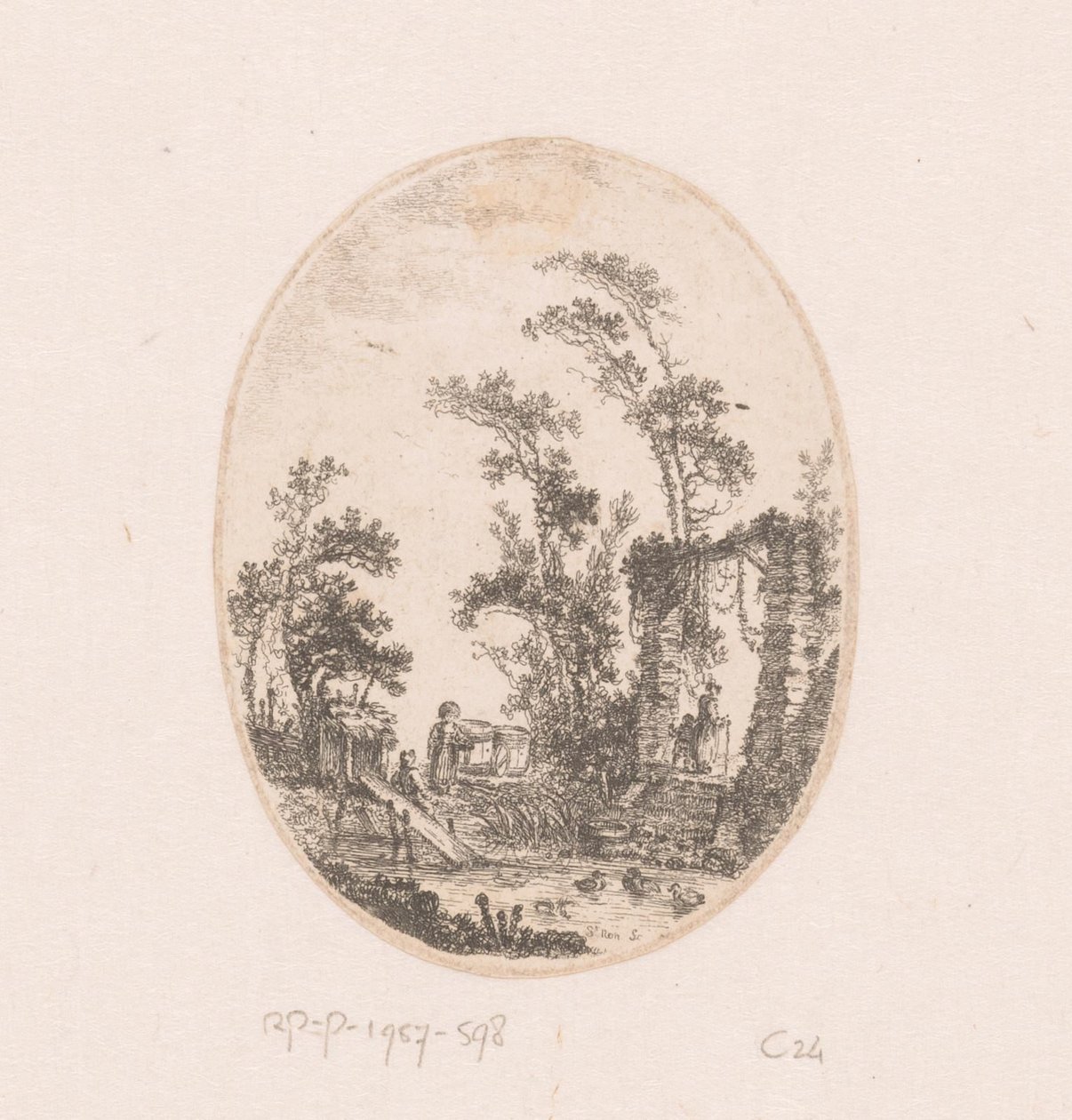 Estanque de patos con algunos árboles alrededor
Colección de vistas, paisajes, fragmentos antiguos y temas históricos (título de la serie)
Recueil de griffonis, de vues, paysages, fragments antiques et sujets historiques (título de la serie) de Richard de Saint Non