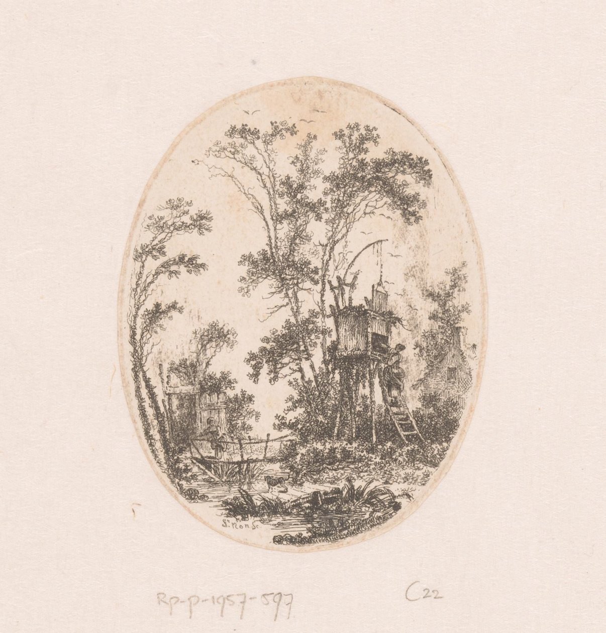 Paisaje con estructura de madera sobre pilotes, a la izquierda una mujer en un puente
Colección de vistas, paisajes, fragmentos antiguos y temas históricos (título de la serie)
Recueil de griffonis, de vuestras vistas, paysages, fragments antiques et suj de Richard de Saint Non