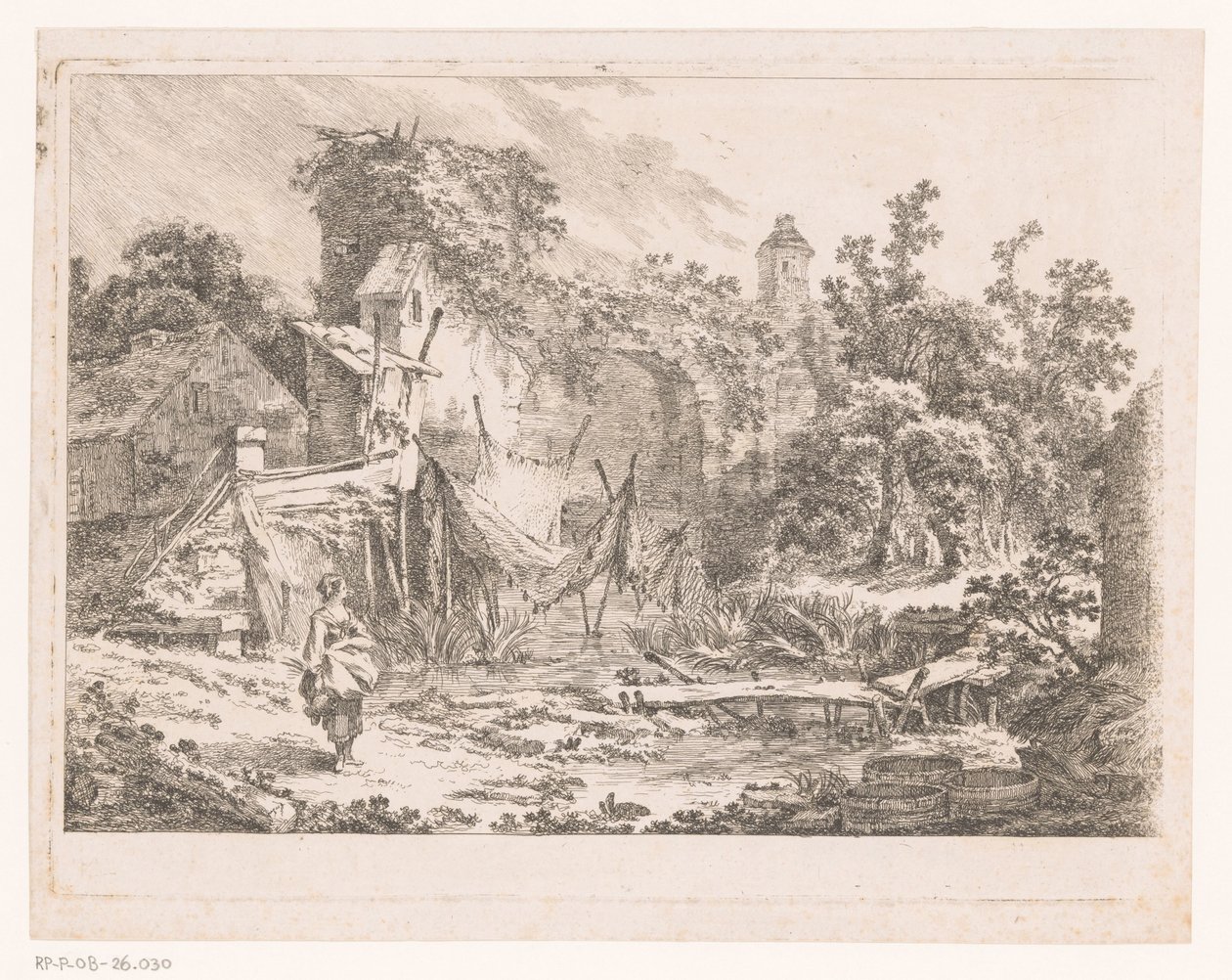 Paisaje con cabaña y redes de pesca sobre estacas de Richard de Saint Non