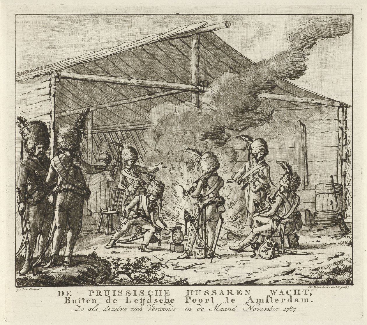 Los húsares prusianos esperando en Leidse Poort en Amsterdam, 1787 Los húsares prusianos esperan, afuera del Leijdsche Poort en Amsterdam (...) (título sobre objeto) de Rienk Jelgerhuis