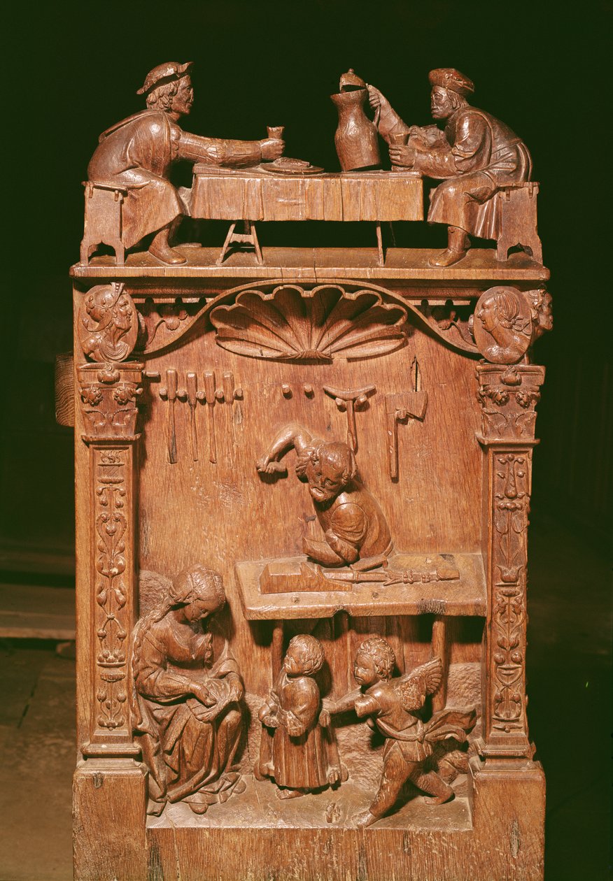 Sillería del coro que representa (arriba) a los hermanos Rigoley y (abajo) el taller en Nazaret, 1526 de Rigoley Brothers
