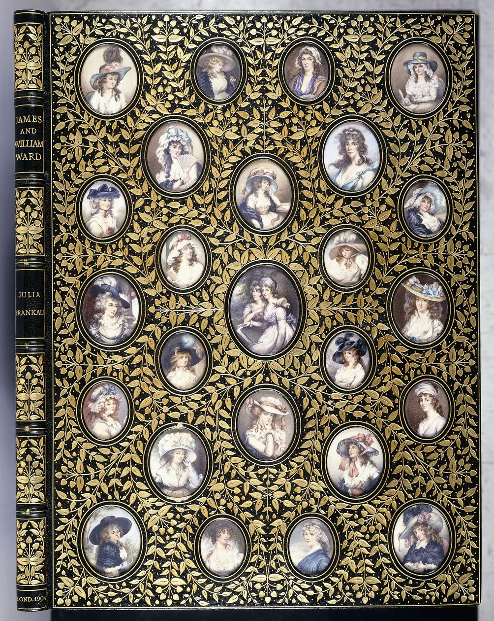 Una portada de libro con veinticinco miniaturas de retratos de mujeres hermosas, después de 