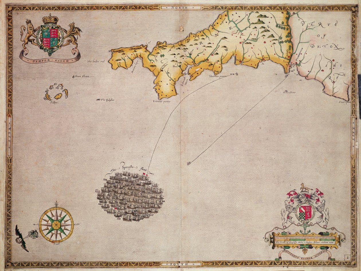 Mapa No. 1 que muestra la ruta de la flota de la Armada, grabado por Augustine Ryther, 1588 de Robert Adams