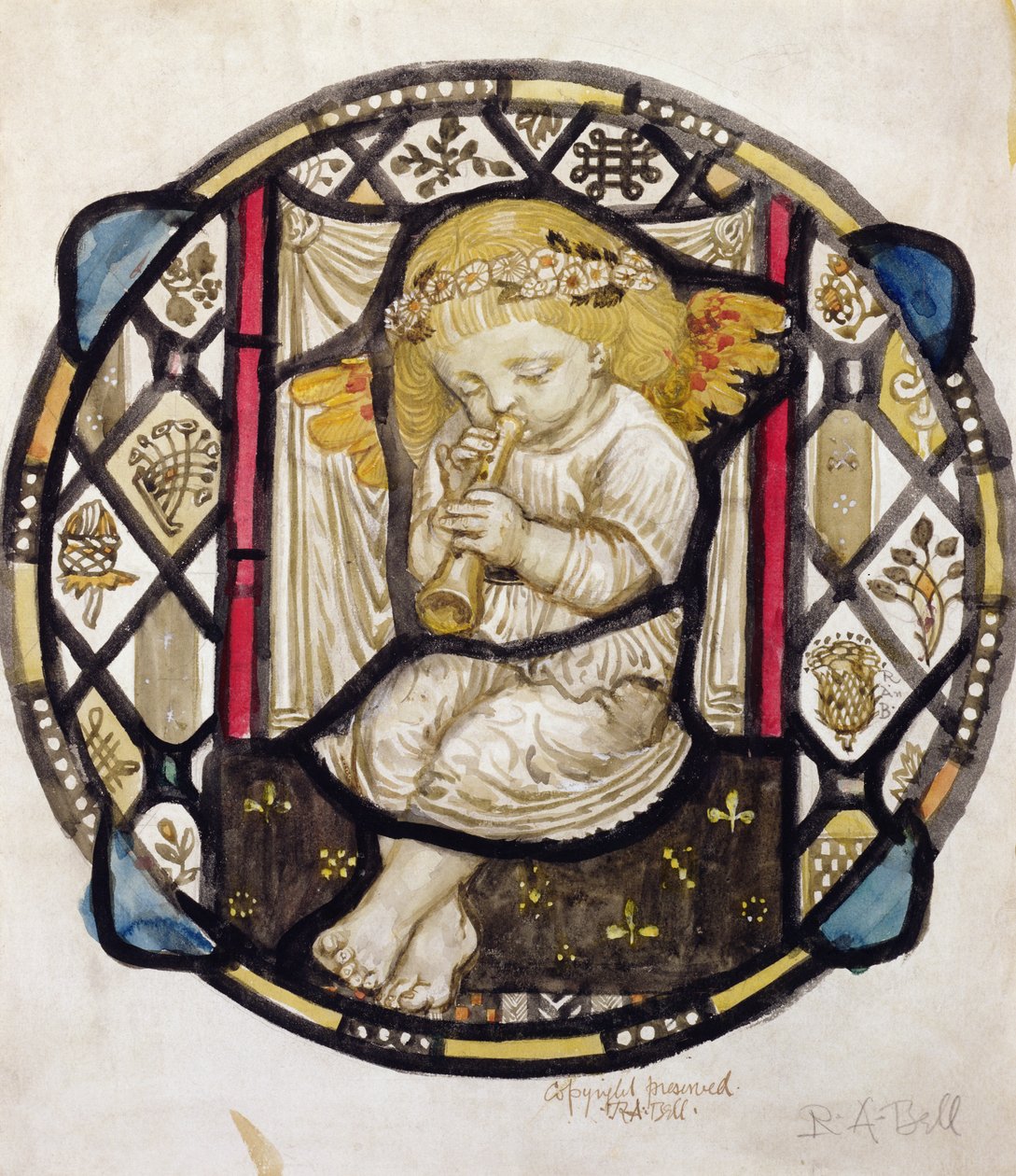 Diseño de vitral de Putto tocando la flauta de Robert Anning Bell