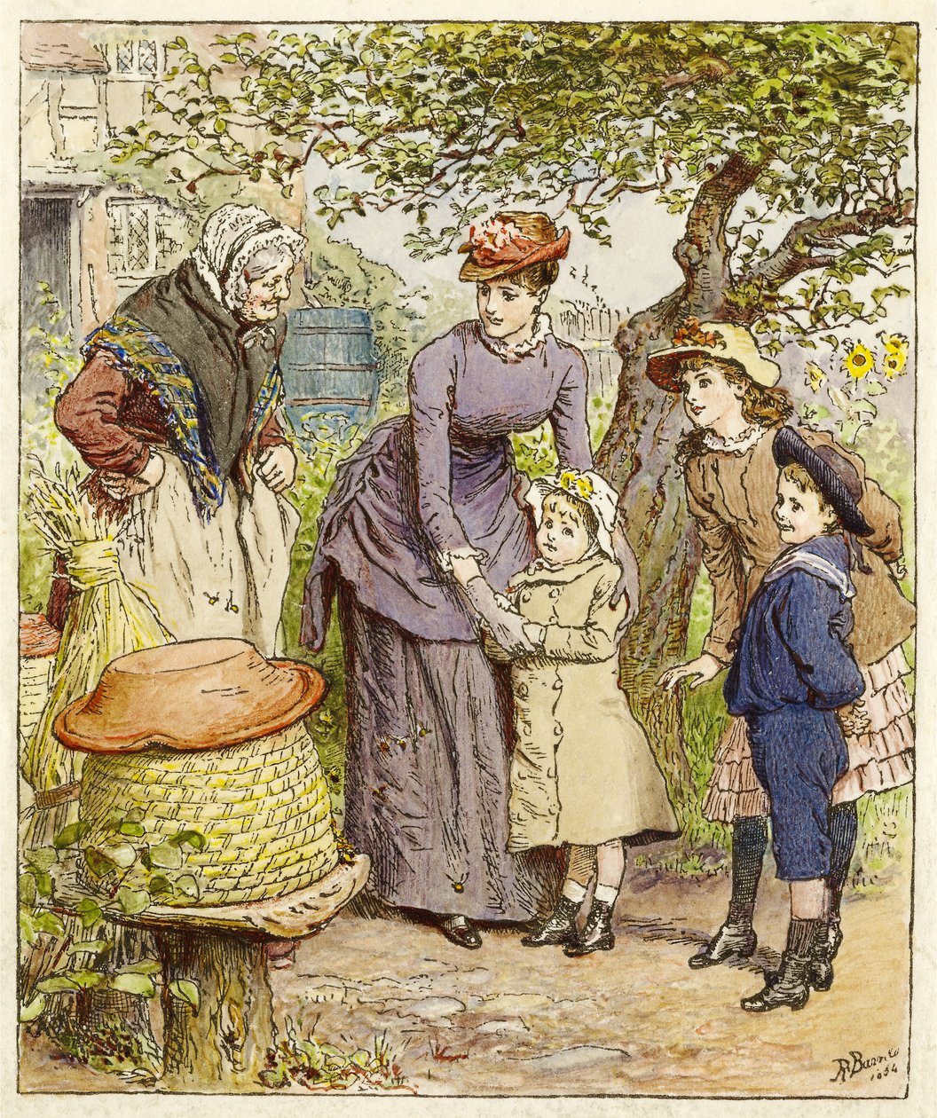 Madre e hijos junto a una colmena, pub. 1854 de Robert Barnes