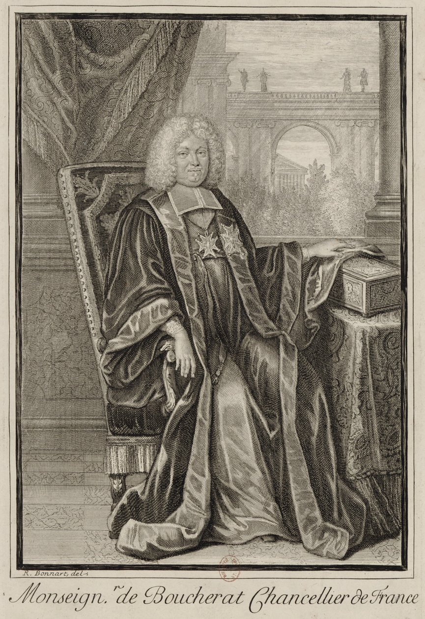 Retrato de Louis Boucherat con toga de canciller, la mano sobre la caja de sellos de Francia de Robert Bonnart