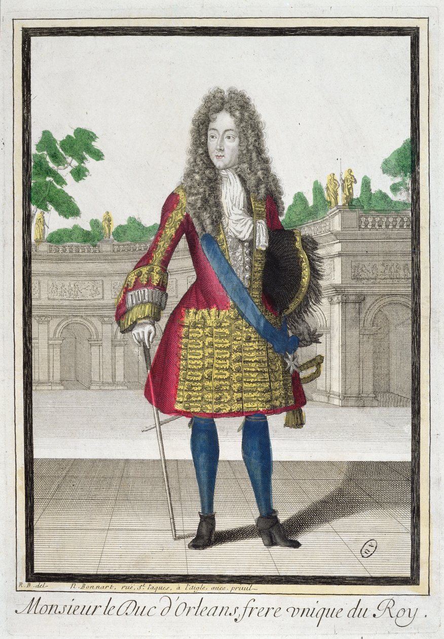 Retrato de Philippe, Duque de Orleans (1640-1701), segundo hijo de Luis XIII y hermano de Luis XIV (grabado en color) de Robert Bonnart