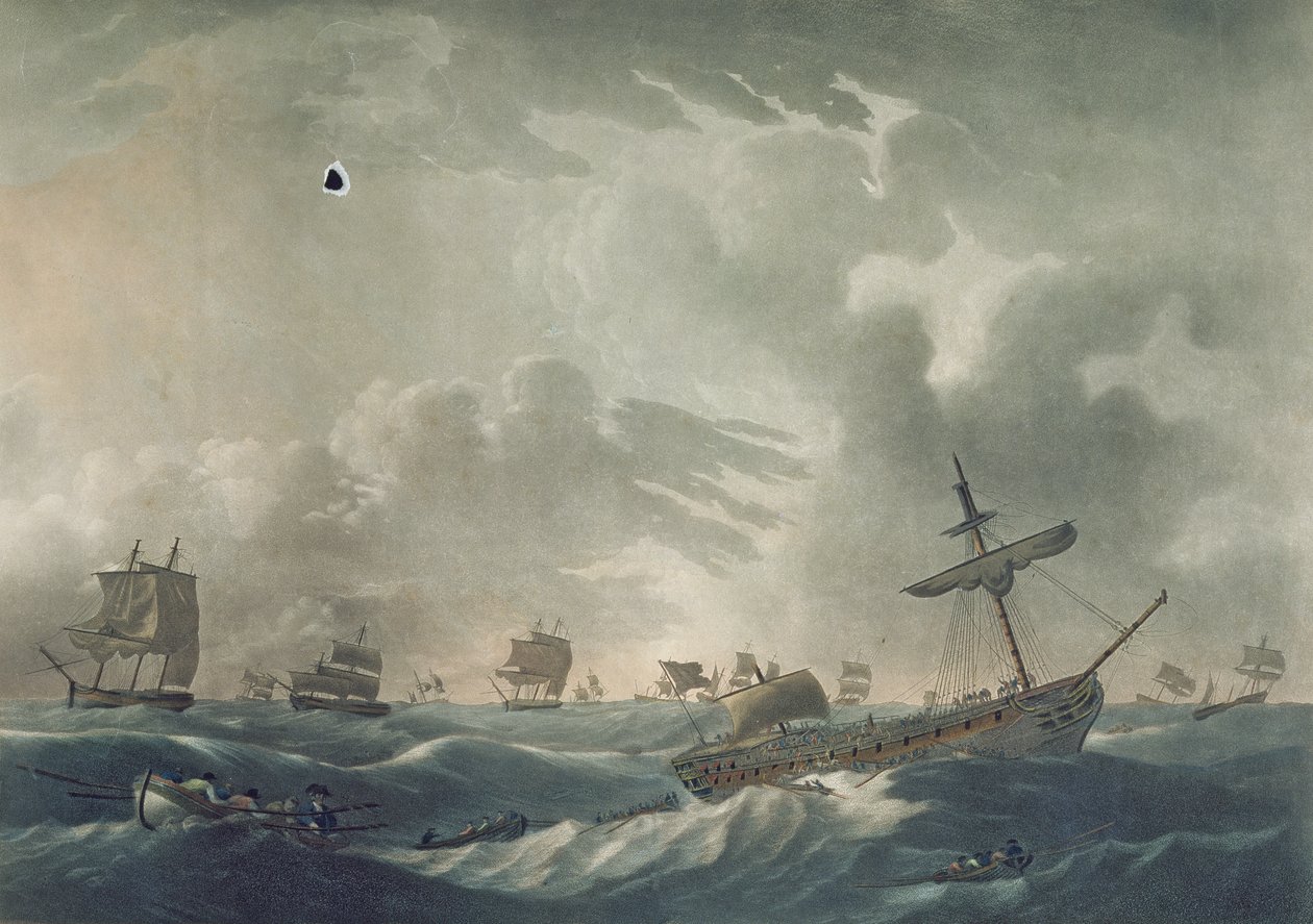 El Ramillies inundado, con su almirante y tripulación abandonando el naufragio, grabado por Francis Jukes, publicado en 1795 de Robert Dodd
