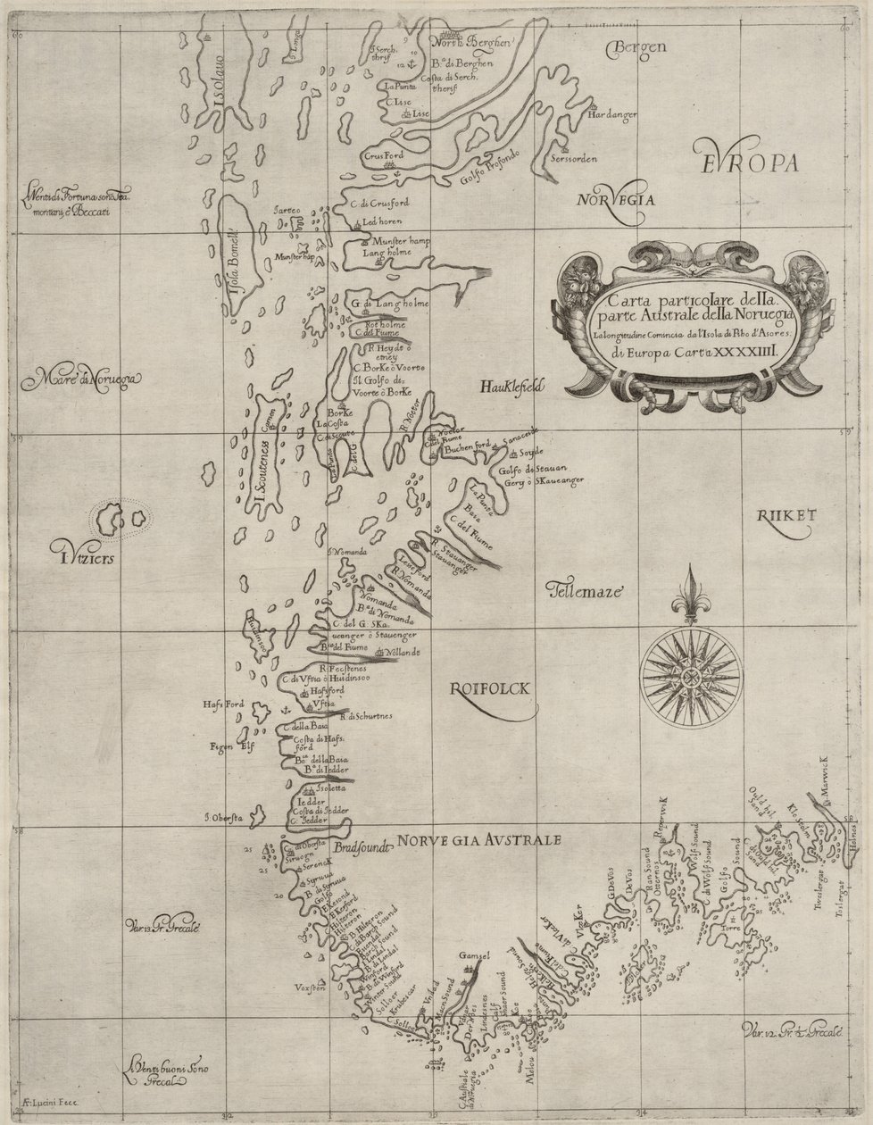 Mapa de la colección de mapas de la Biblioteca Nacional. Publicado en (ca 1647) y muestra el sur de Noruega, la costa, carta náutica de Robert Dudley