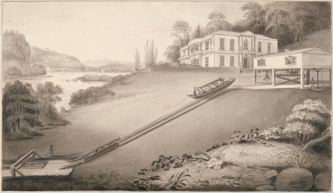 Barco inclinado llevado a un nivel superior del canal, 1797 de Robert Fulton