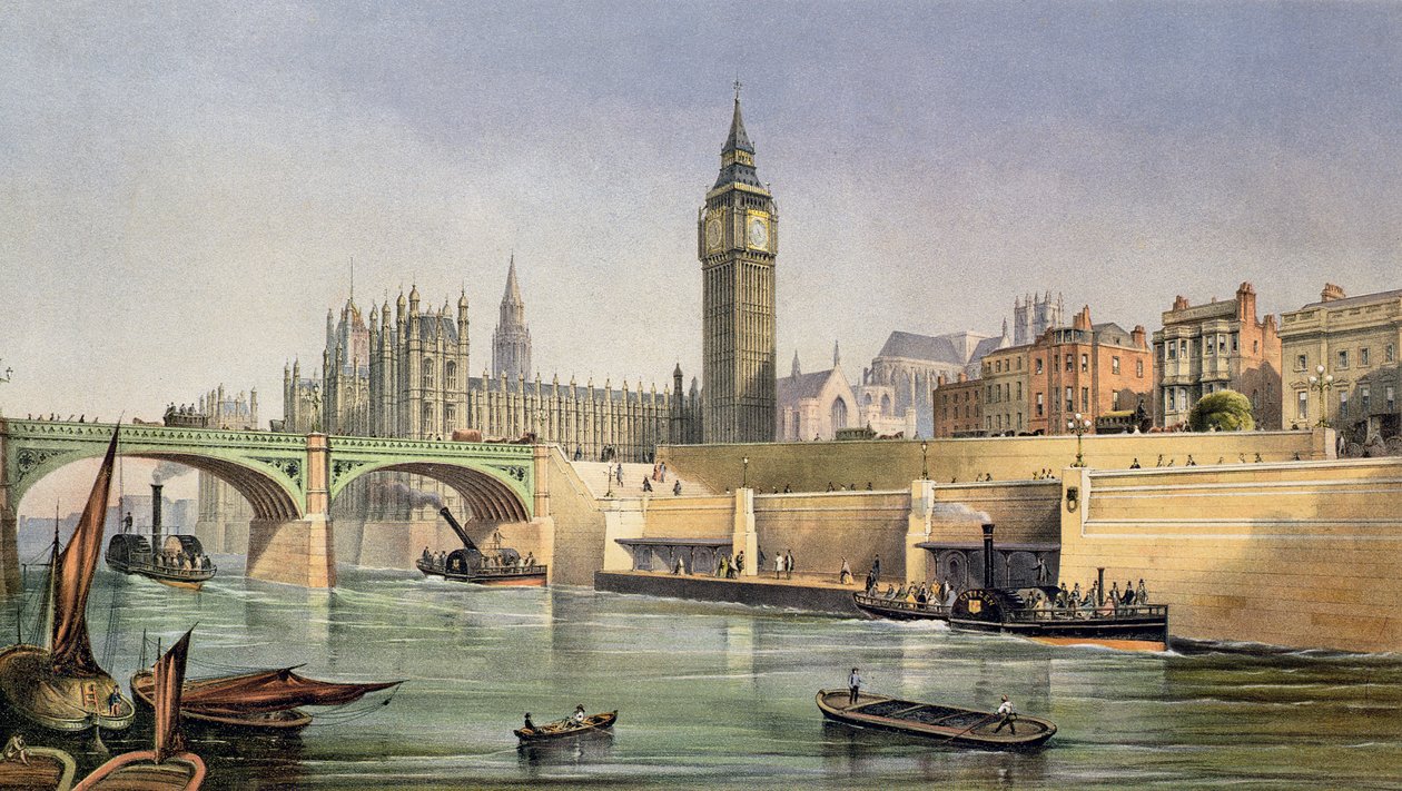 Embarcadero del Támesis en el Puente de Westminster, grabado por Day and Son, 1864 de Robert Kent Thomas