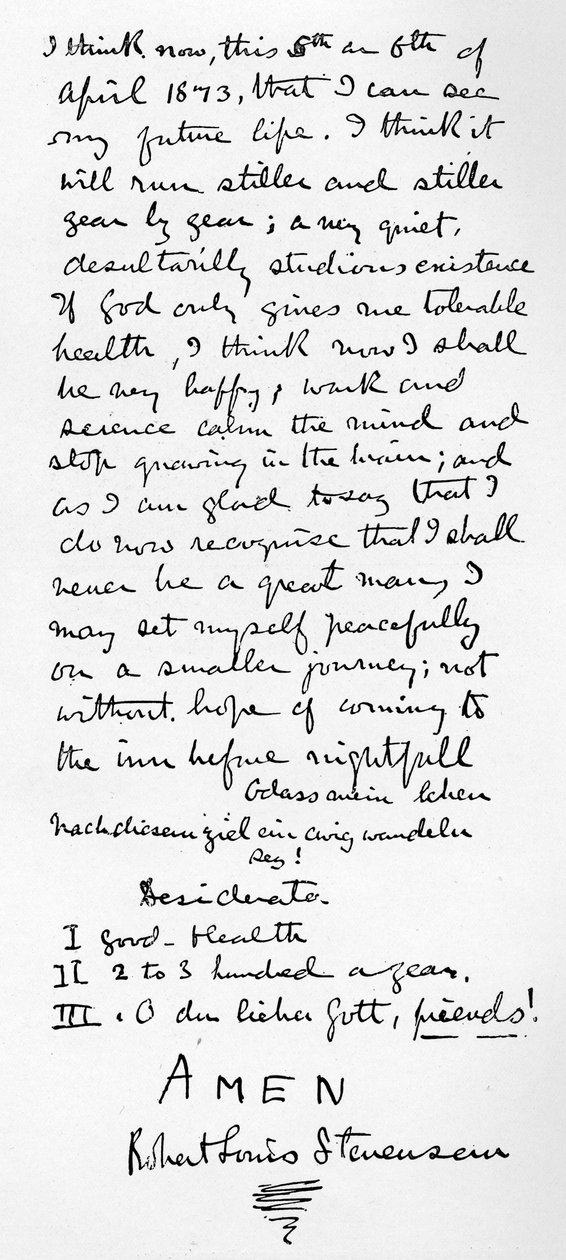 La filosofía personal de Stevenson y lista de Desiderata para una vida feliz, 1873 de Robert Louis Stevenson