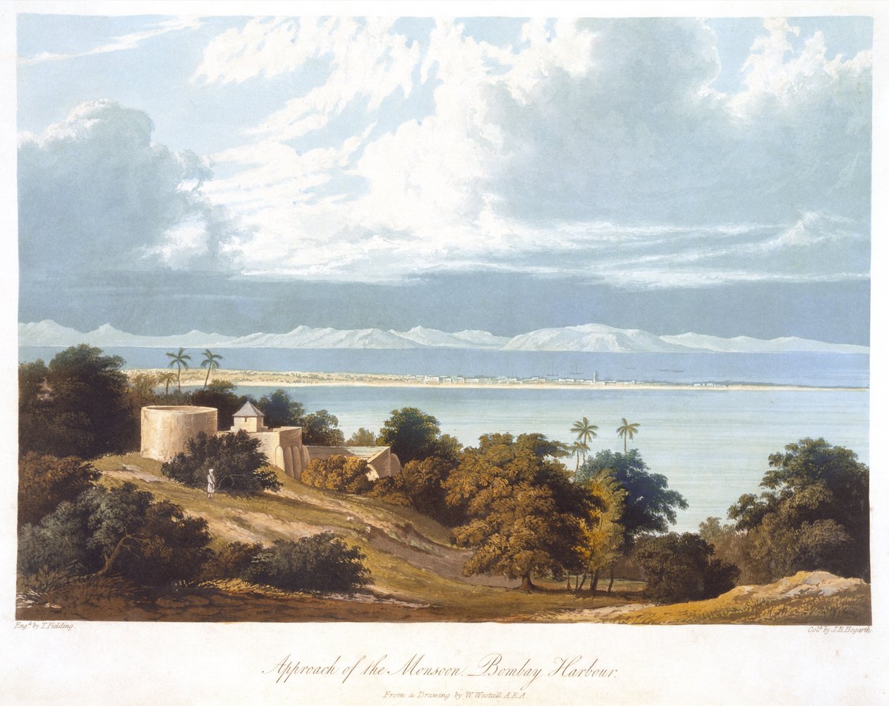 Aproximación del monzón, puerto de Bombay, de un dibujo de William Westall (1781-1850) de Scenery, Costumes and Architecture of India grabado por T. Fielding, coloreado por J.B. Hogarth, publicado en 182 de Robert Melville after Grindlay