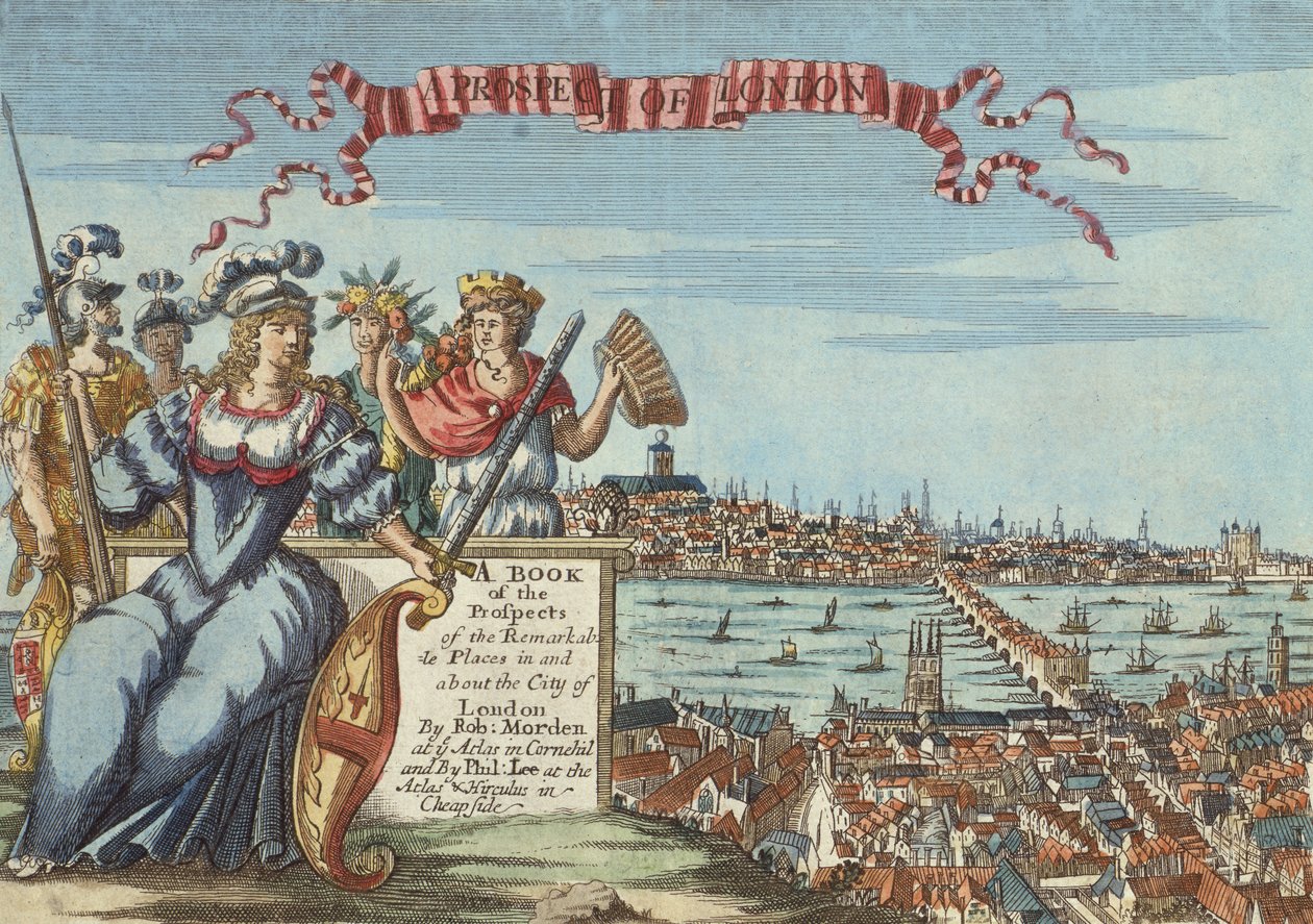 Una perspectiva de Londres, frontispicio de Un libro de las perspectivas de los lugares notables en y alrededor de la ciudad de Londres, c.1700 de Robert Morden