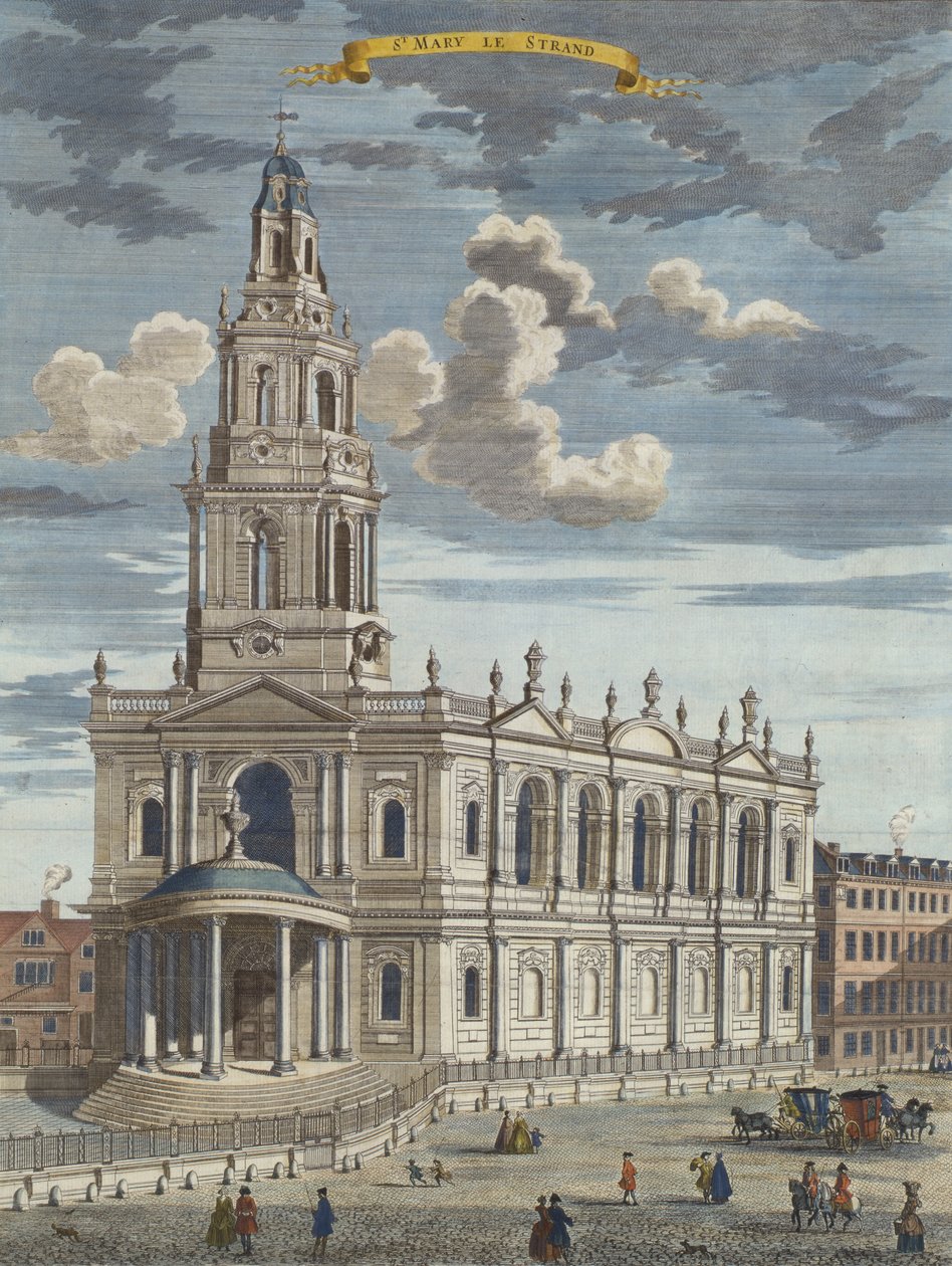 St. Mary le Strand, de Un libro de las perspectivas de los lugares notables en y alrededor de la ciudad de Londres, c.1700 de Robert Morden