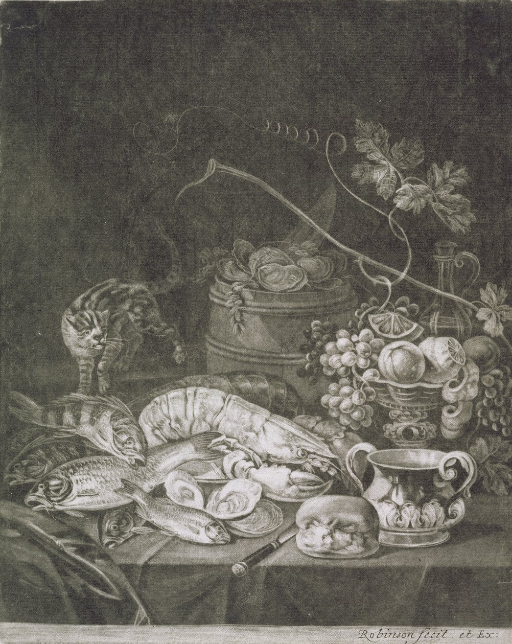 Pieza de banquete con langostas, pescado y gato de Robert Robinson