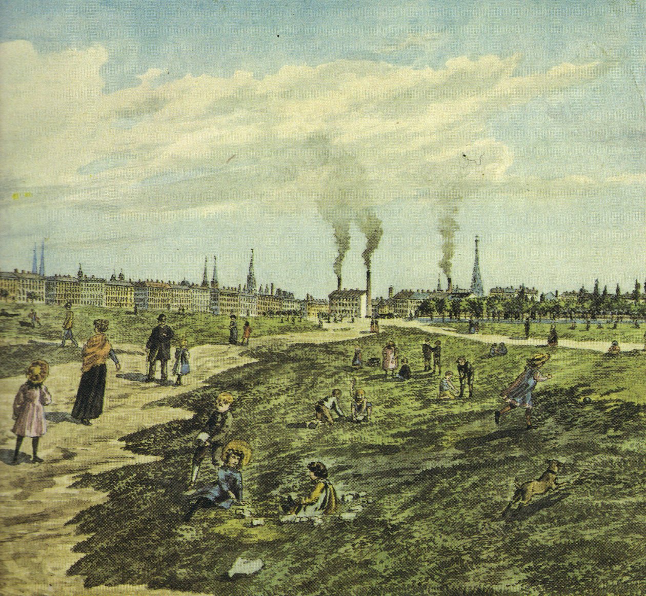 La Schmelz como campo de ejercicios militares y lugar para jugar y pasear. Vista hacia el este (sección) de Robert Schediwy after painting by M.Neubauer