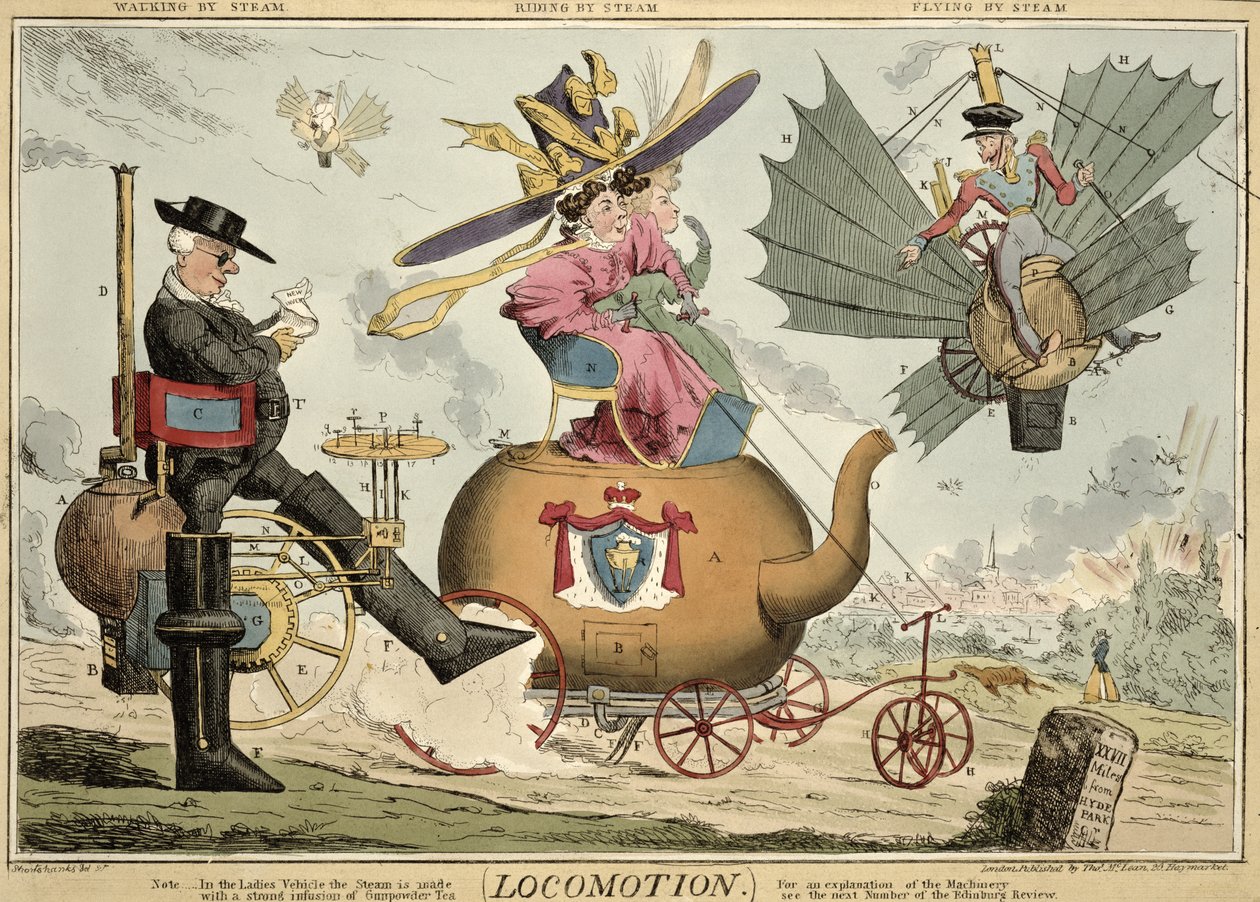 Locomoción - Caminando por Vapor, Montando por Vapor, Volando por Vapor, publicado por Thomas McLean, Londres de Robert Seymour