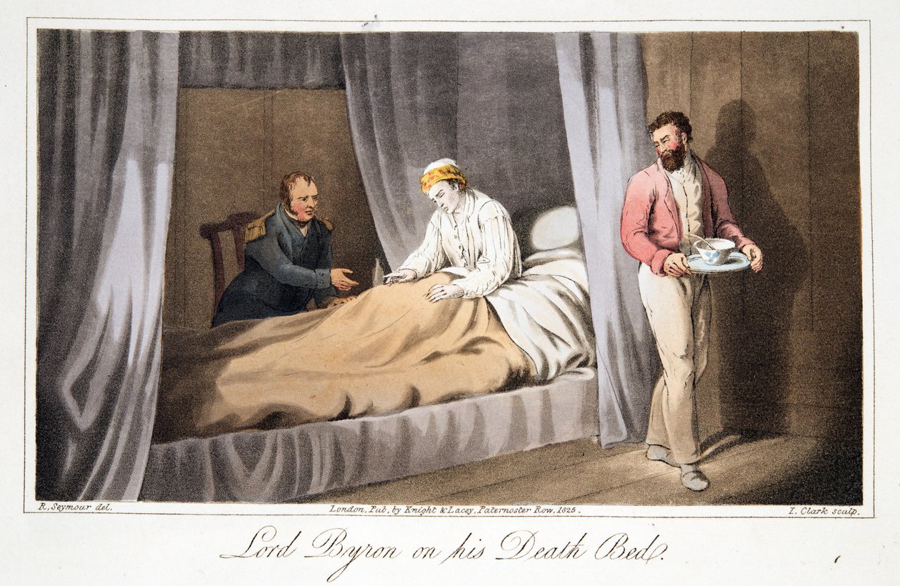Lord Byron en su lecho de muerte, de Los últimos días de Lord Byron por William Parry, pub. 1825 de Robert Seymour