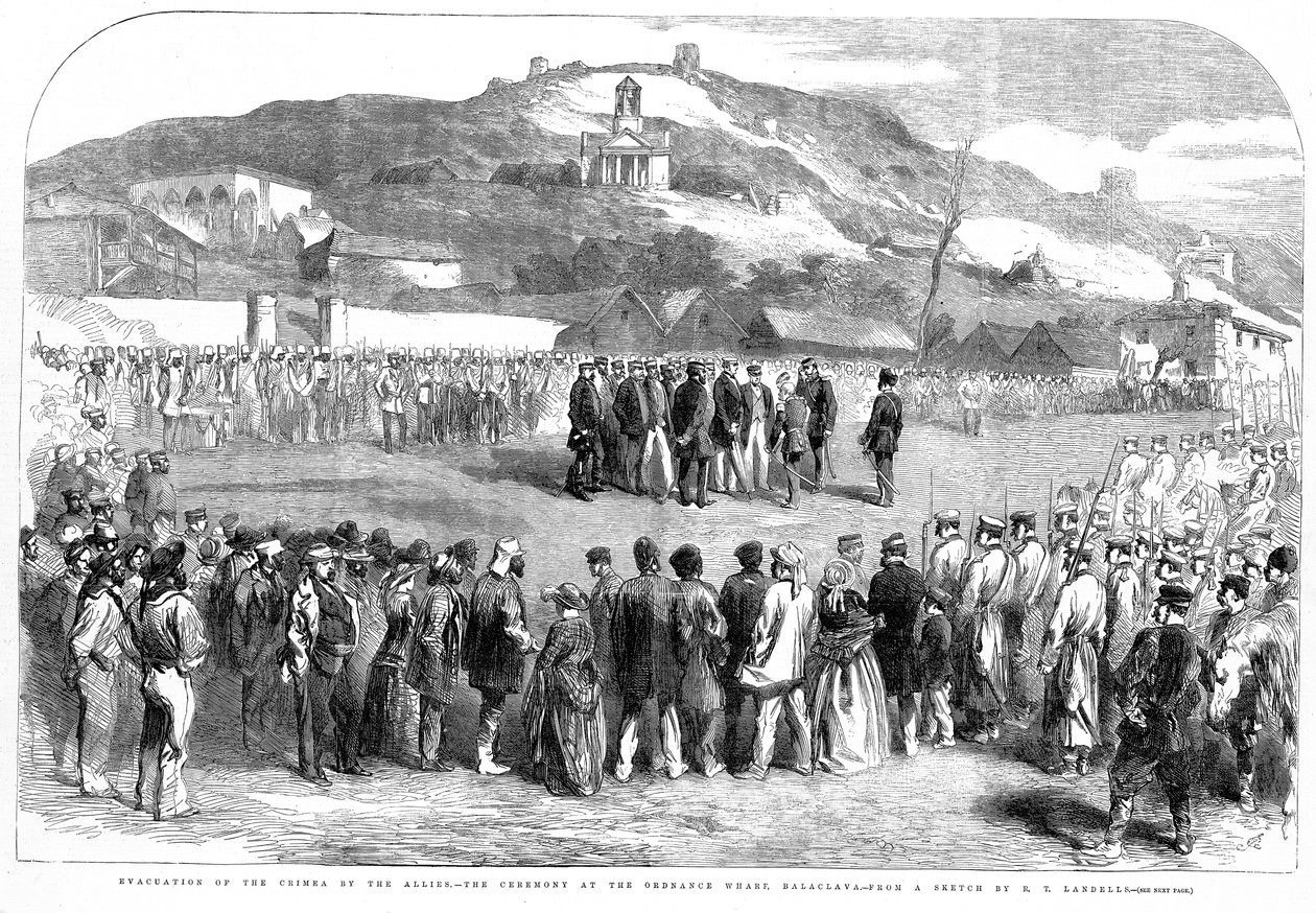 Evacuación de Crimea por los Aliados, la ceremonia en Ordinance Wharf, Balaclava de Robert Thomas Landells