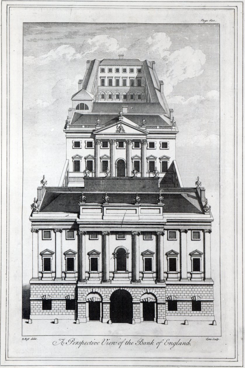 Vista en perspectiva del Banco de Inglaterra, grabado por William Henry Toms, 1739 de Robert West