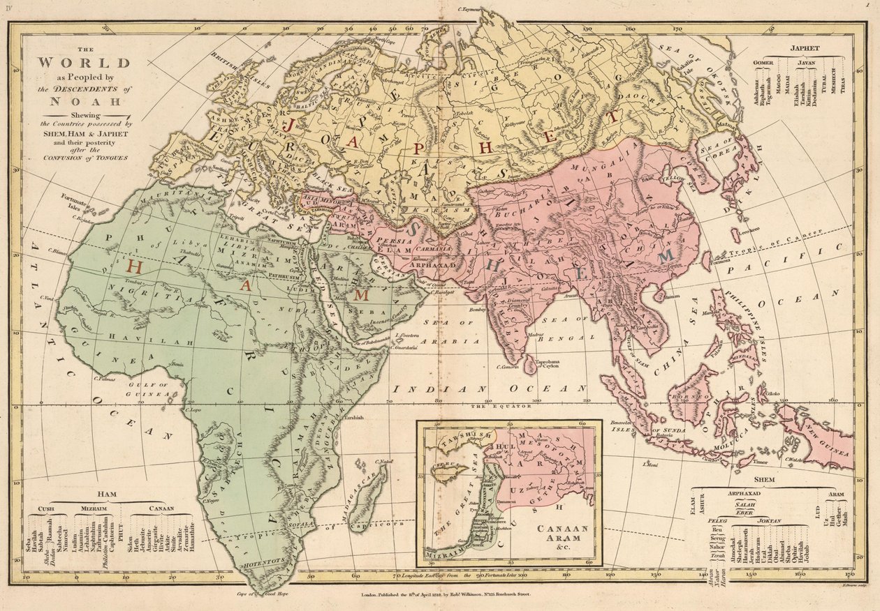 El mundo poblado por los descendientes de Noé mostrando los países poseídos por Sem, Cam y Jafet y su posteridad después de la confusión de lenguas de Robert Wilkinson