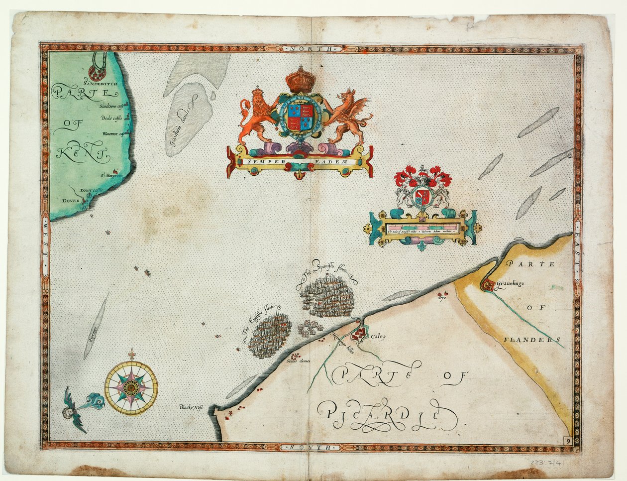 De Dover a Sandwich y de Blacknerse a Gravelines - La Armada Española y la Flota Inglesa frente a Calais, c. 1590 (manuscrito) de Robert (after) Adams