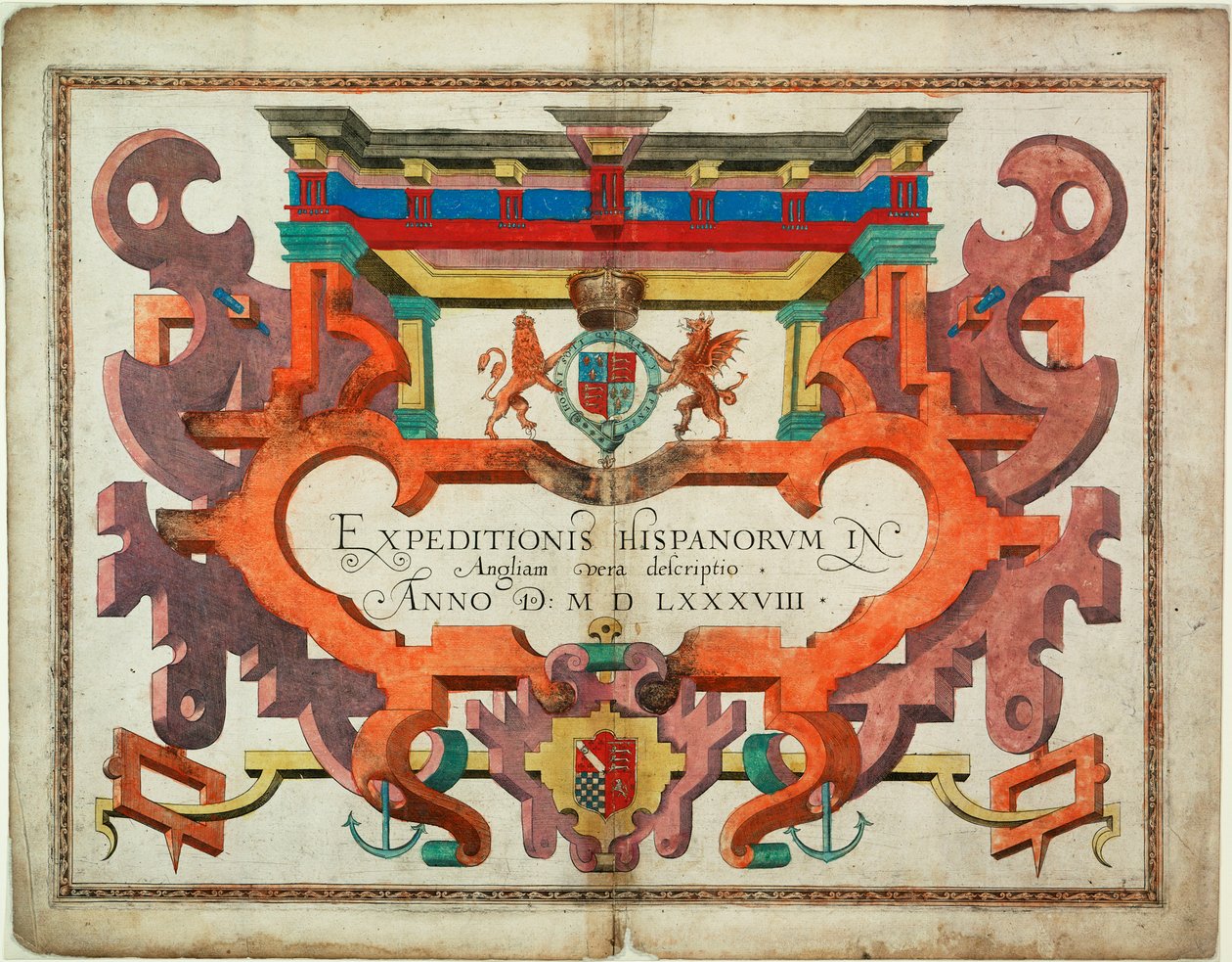 Portada de "Expeditionis Hispanorum in Angliam vera descriptio anno domini MDLXXXVIII". de Robert (after) Adams