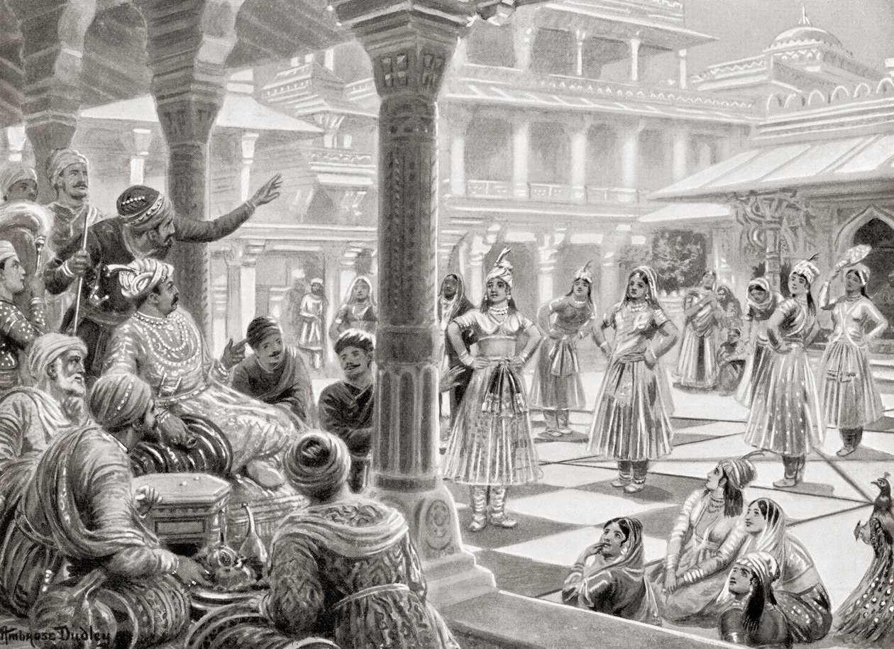 Akbar jugando pachisi o chaupur con piezas vivas en Fatehpur Sikri en 1575, de la Historia de las Naciones de Hutchinson, pub.1915 de Robert (after) Dudley