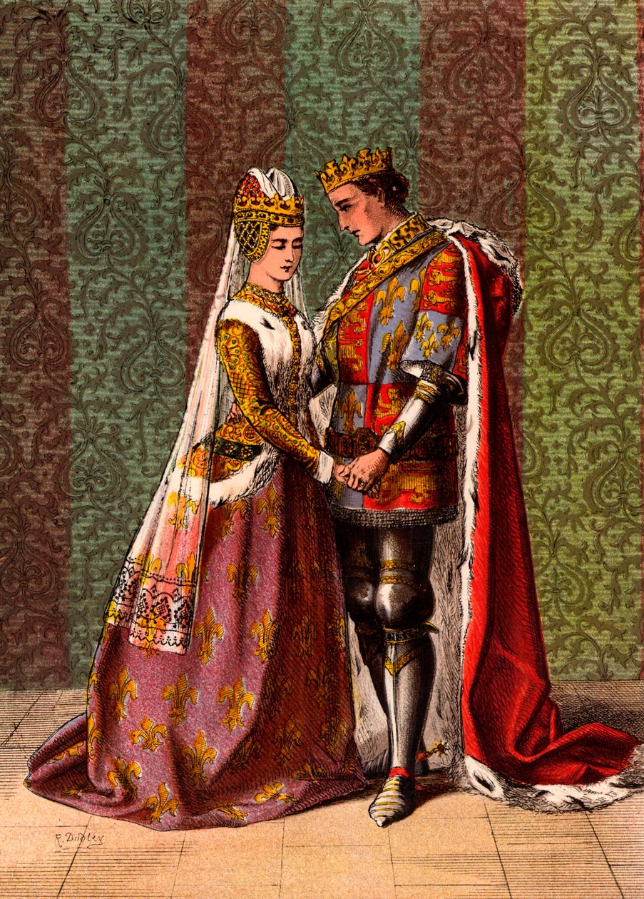 Enrique V, Rey de Inglaterra, cortejando a Catalina de Valois, Acto V, Escena II, "El Rey Enrique V" de William Shakespeare (cromolito) de Robert (after) Dudley